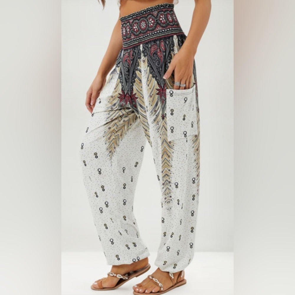 White and Black Wide Leg Pants with Nature-Inspired Prints